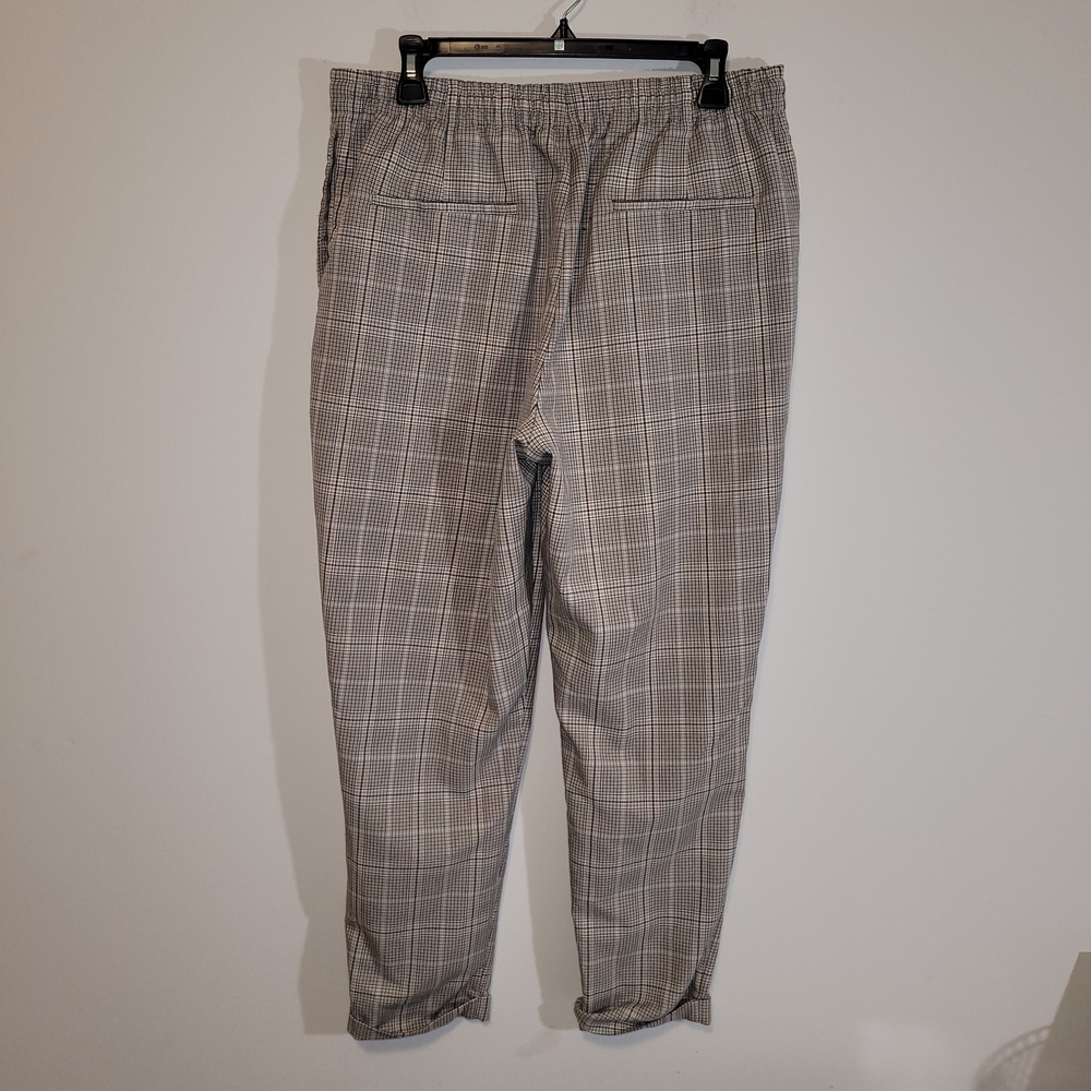 ZARA Plaid Tapered Trousers Elastic Waist Drawstring Pants Neutral - Picture 4 of 8